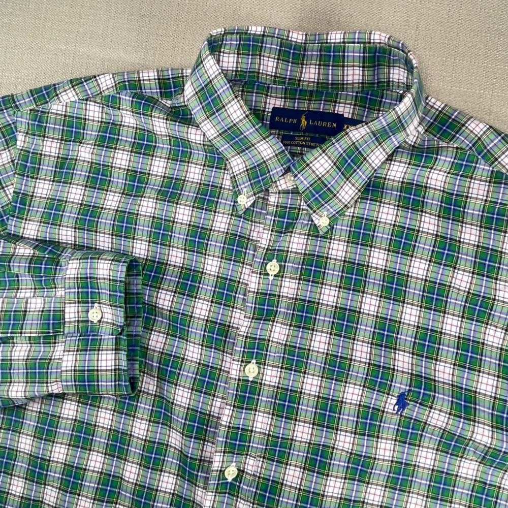 Ralph Lauren Button Down Shirt Mens XXL Green Blue Plaid Slim Fit Cotton Stretch